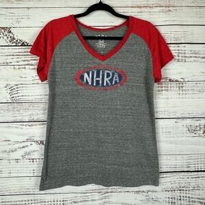 Womens Blue 84 NHRA Gray Red Blue National Hot Rod Assn T-Shirt Baseball Sz L
